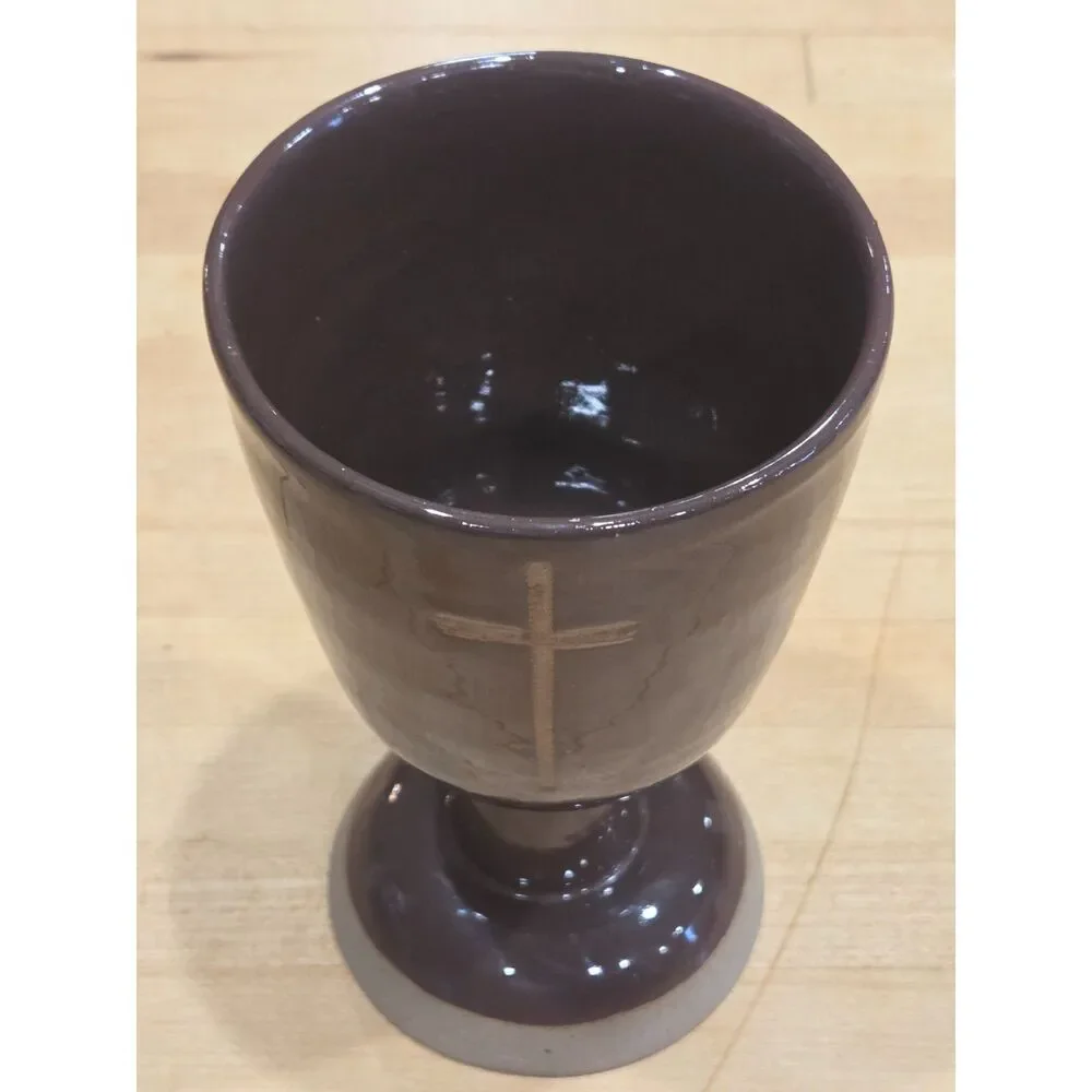 Vintage Studio Pottery Chalice Communion Goblet Christian Cross Brown Glaze 6.5